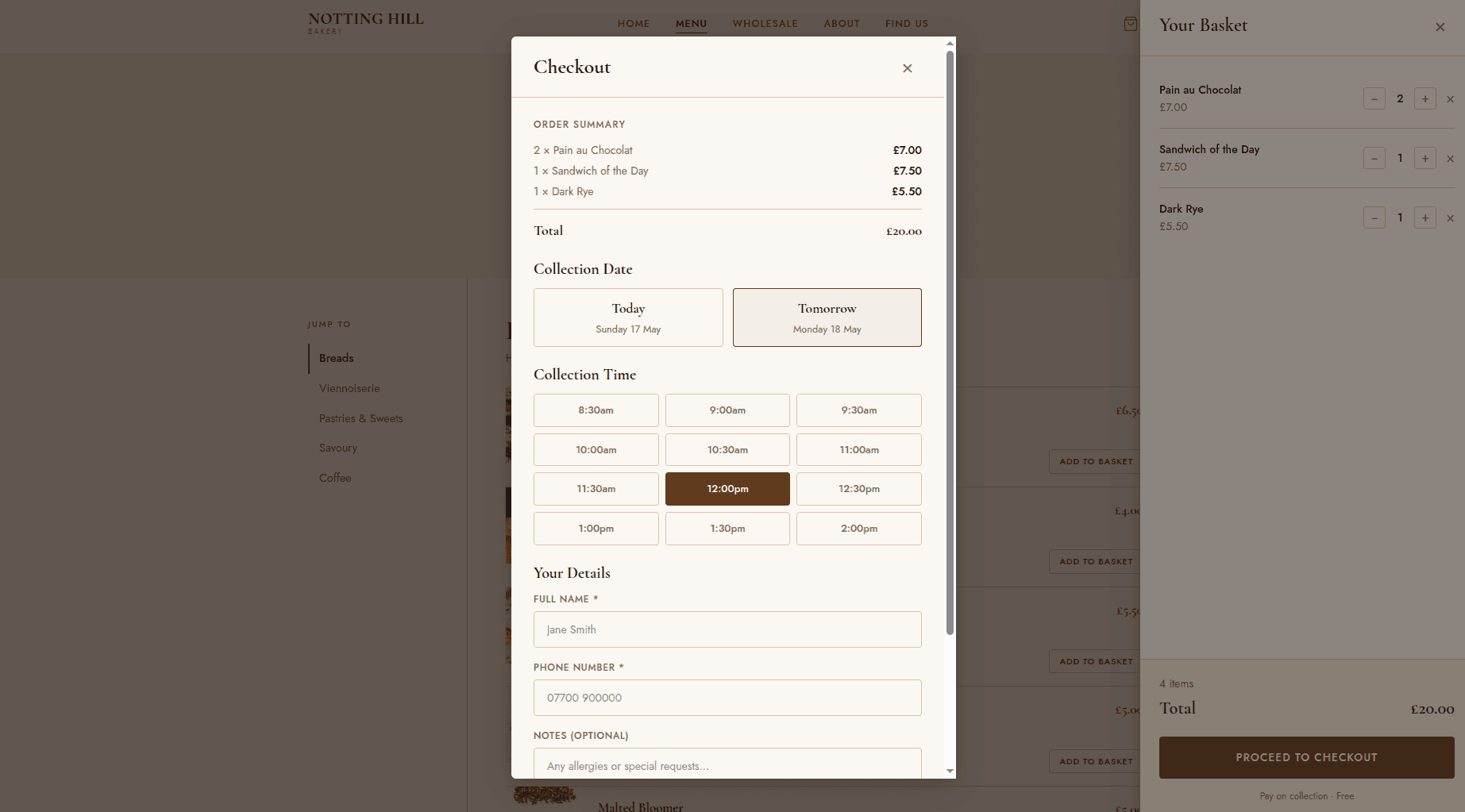 Checkout modal showing pickup date and time slot selection