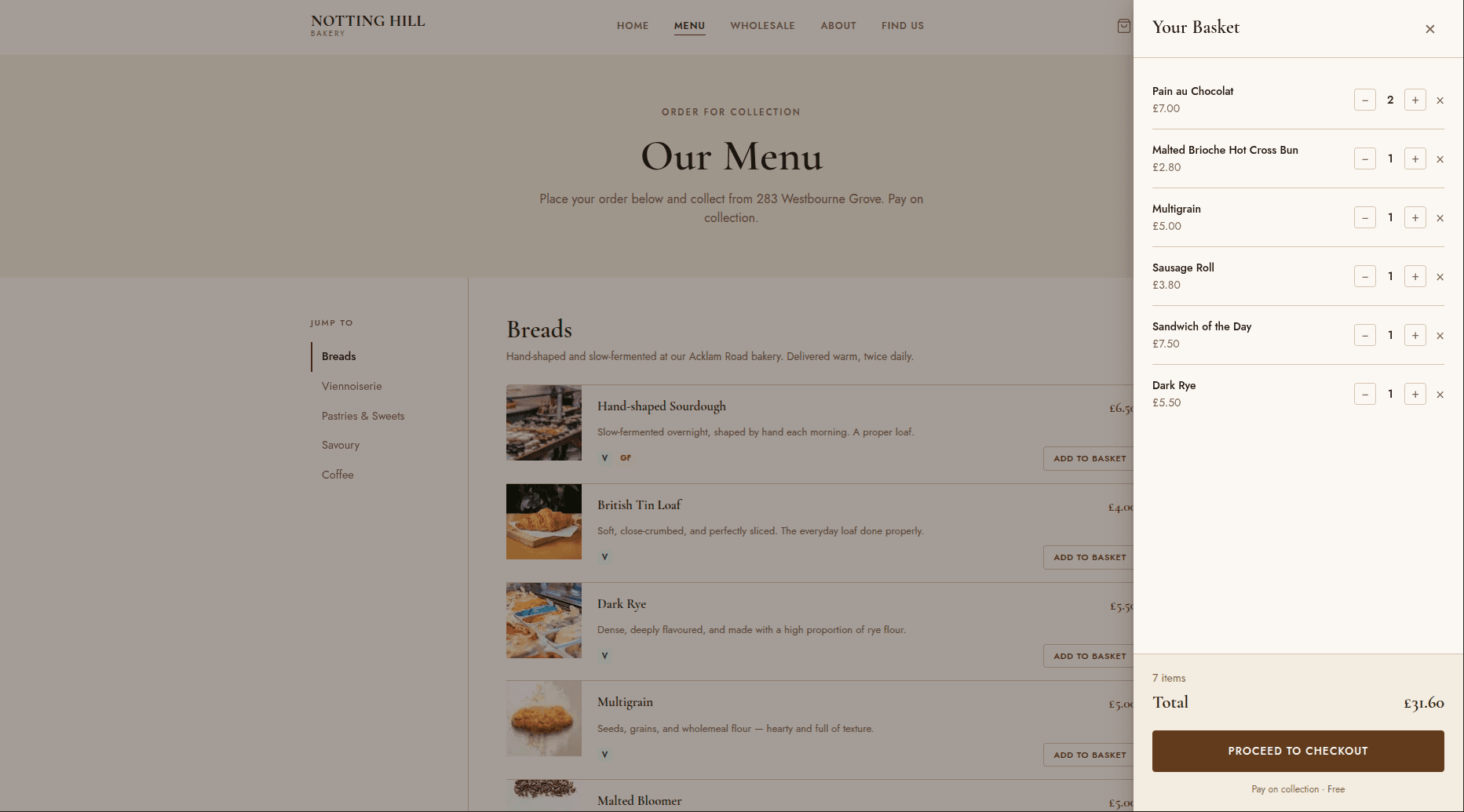 Menu page with the cart drawer open, showing items added to the basket