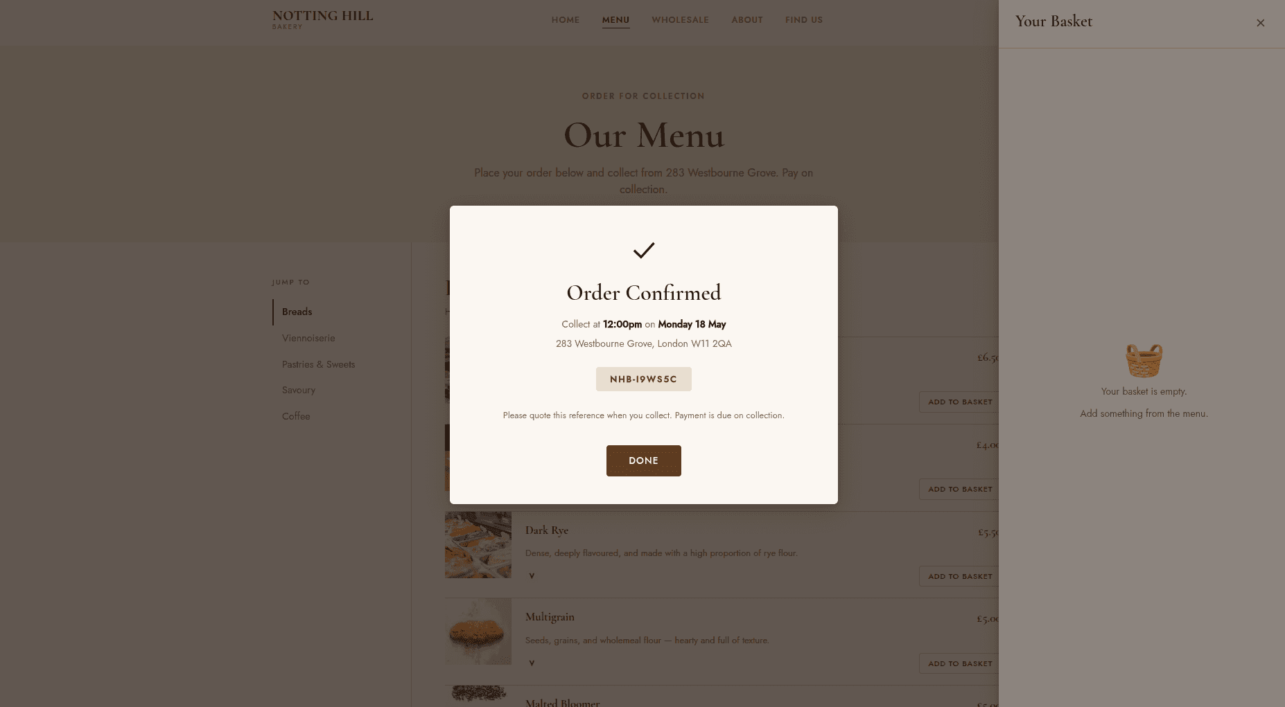 Order confirmation modal displaying the unique collection reference code