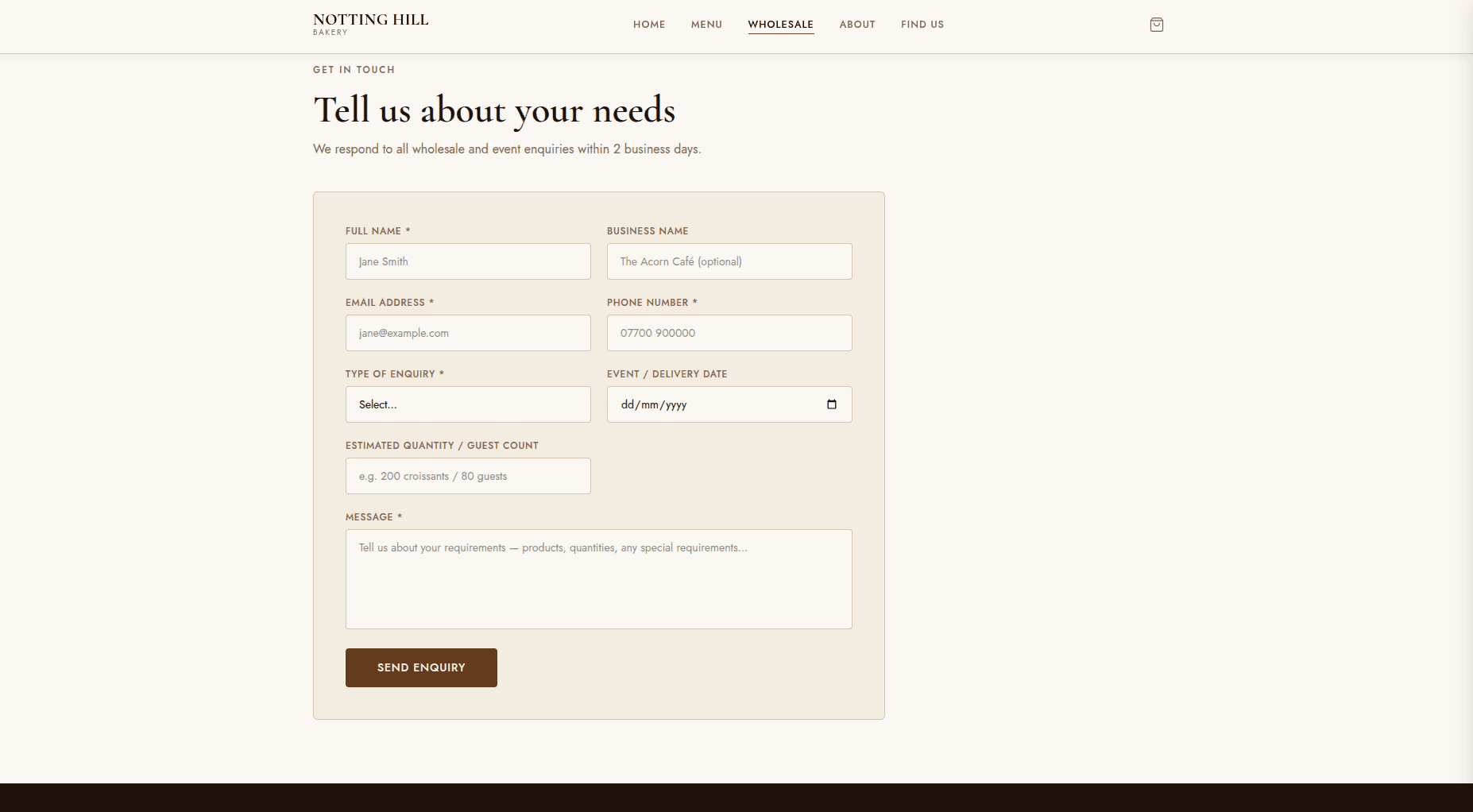 The wholesale enquiry form on the Wholesale page